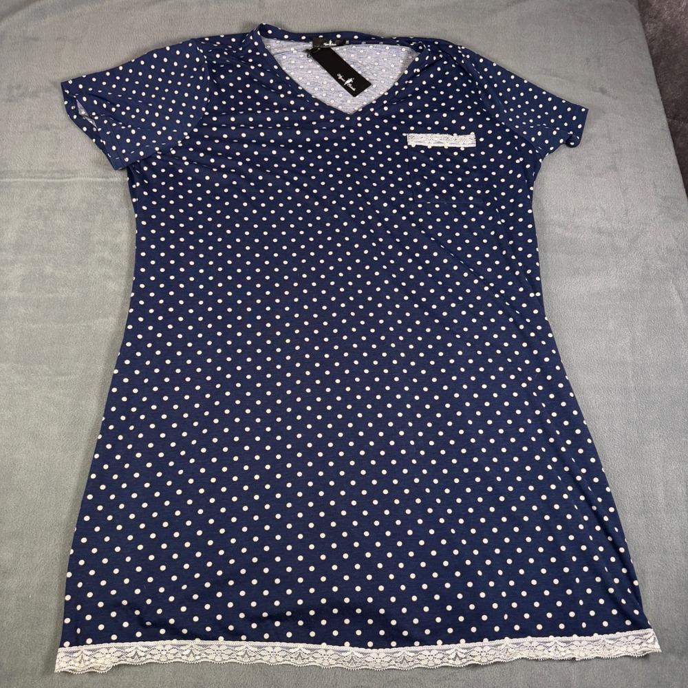 Agnes Orinda Womens Plus 3X Polka Dot Nightgown Navy Blue Lace Trim Sleep Dress